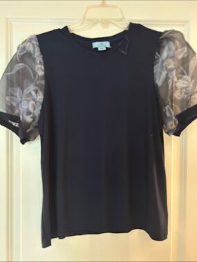 Women's Navy Top with Sheer Floral Puff Sleeves